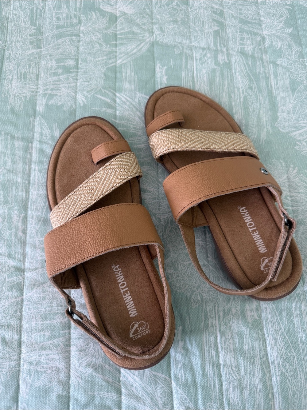 Minnetonka Tan and Natural Braided-Strap Women's Sandals